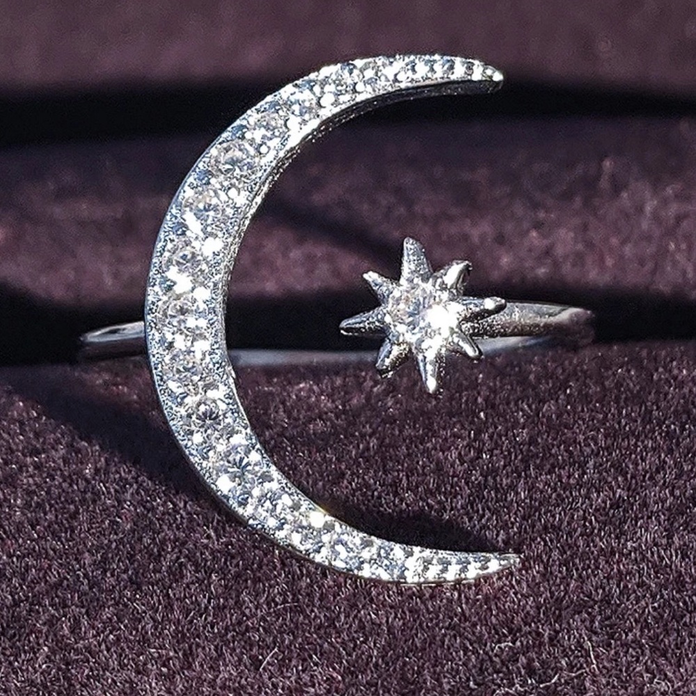STAR MOON 925 STERLING SILVER DIAMOND RING, CUTE RING, SHINY RING. - Picture 7 of 8